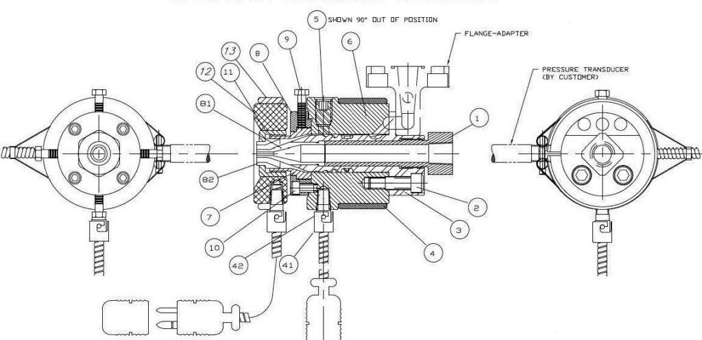 Technical diagram of a cylindrical machine component, labeled with numbers identifying parts like flanges, adapters, and a pressure transducer. Black and white, detailed.