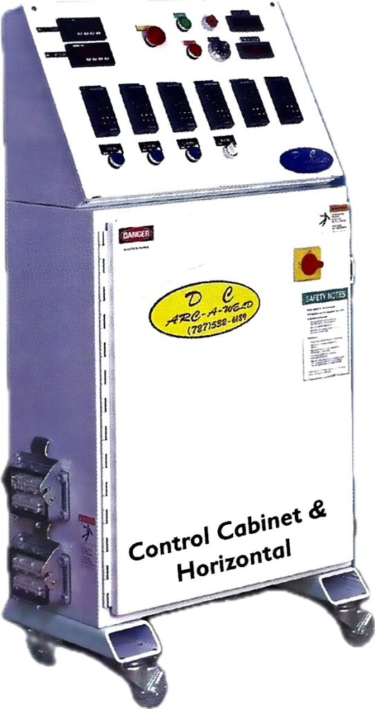 Industrial control cabinet on wheels with buttons, switches, and gauges on a slanted panel. Labels and safety notes are visible, conveying functionality.