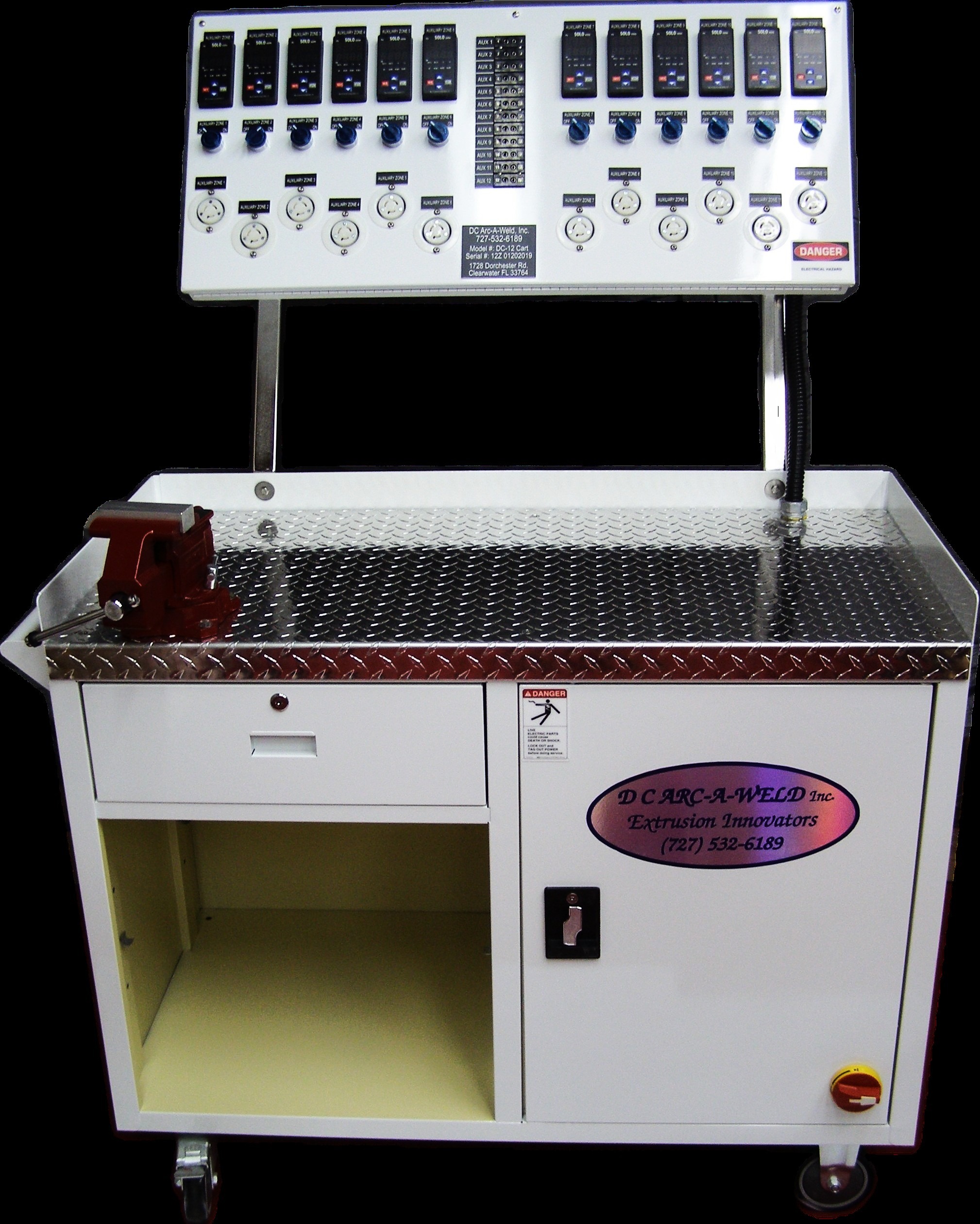 Welding equipment with controls and outlets, mounted on a mobile cart. Designed for safe and efficient operation in industrial applications.